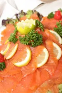 salmon, fish, buffet, cold buffet, lemon, parsely, salad, nature, strawberries