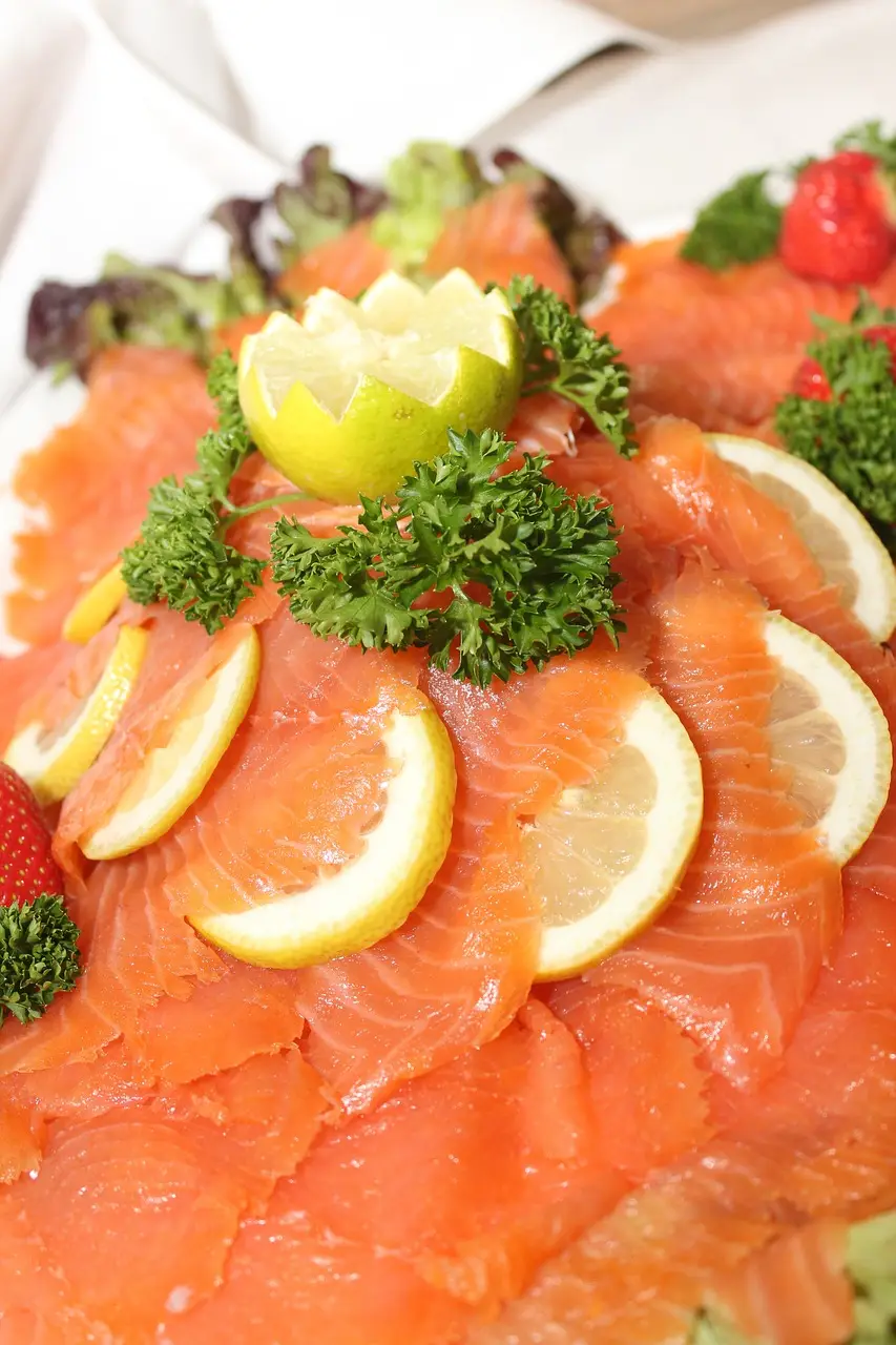 salmon, fish, buffet, cold buffet, lemon, parsely, salad, nature, strawberries